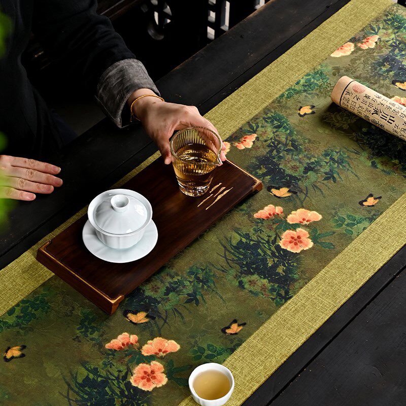 新中式茶席长条干l泡垫双面防水桌旗餐桌布艺长度可定制茶垫
