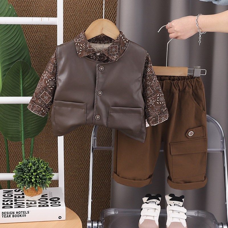 男童套装2025新款洋气宝宝衬衫春秋皮衣马甲三件套中小童韩版儿童