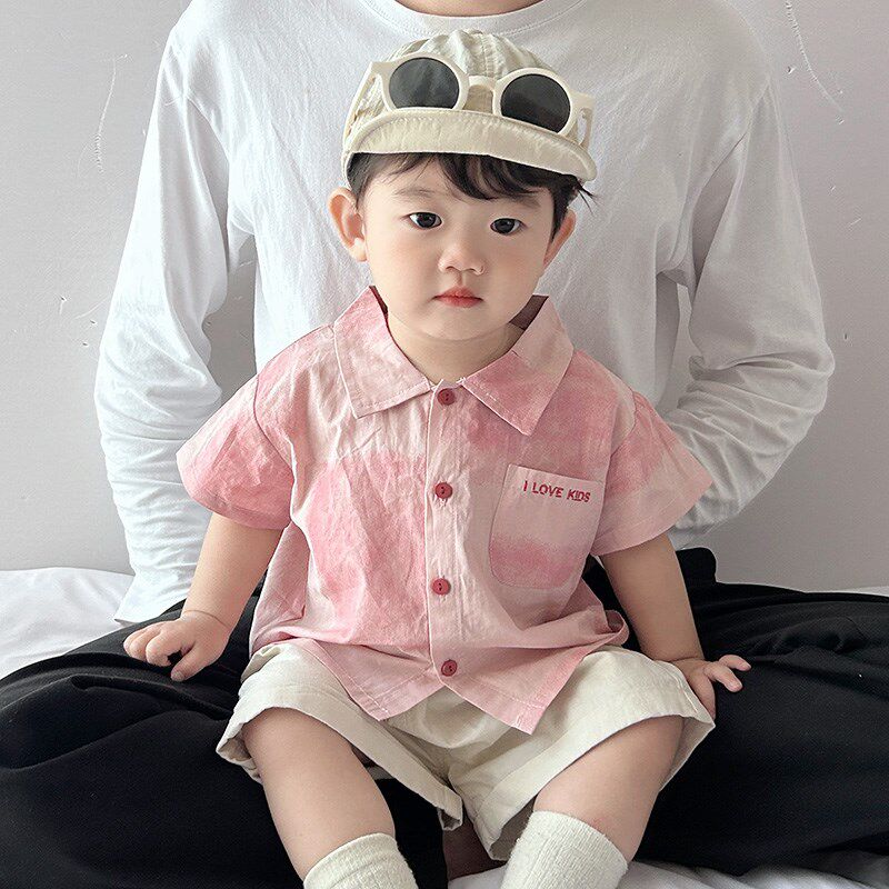 韩版婴儿衣服夏装男宝宝衬衣套装夏季男童粉色衬衫短裤两件套薄款