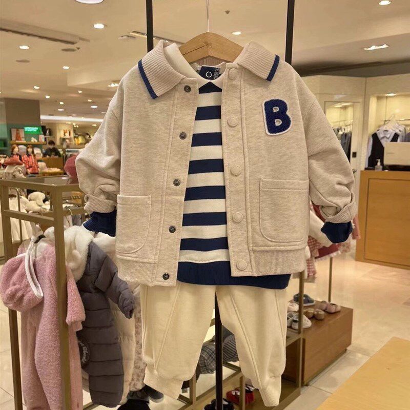 韩国童装 24春新款男女童宝翻领时尚休闲口袋上衣 洋气棒球服外套
