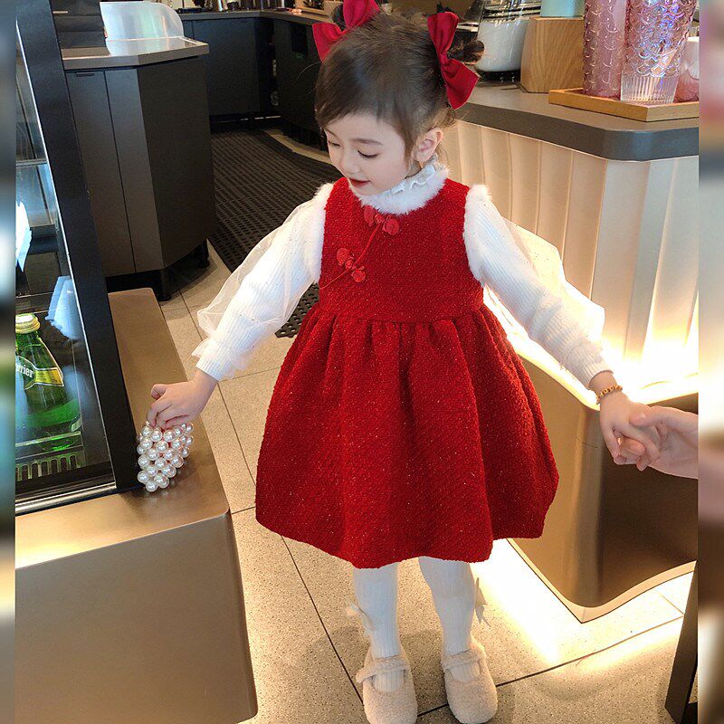 女童旗袍拜年服2025新款冬季中国风过年衣服女宝红色洋气时髦裙子