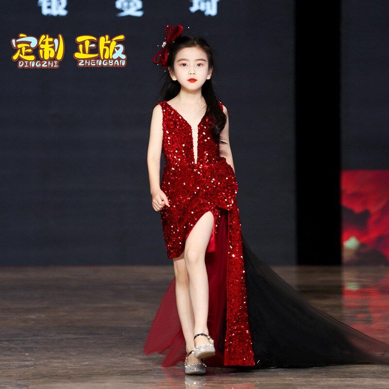 儿童模特走秀礼服亮片拖尾裙女童公主裙修身连衣裙主持人钢琴演奏