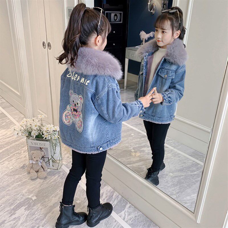 女童牛仔外套冬季加绒2021新款儿童韩版洋气冬装女孩加厚时髦上衣