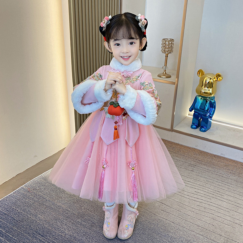 女童汉服唐装旗袍中国风洋派裙子加厚洋装冬装儿童拜年服公主裙