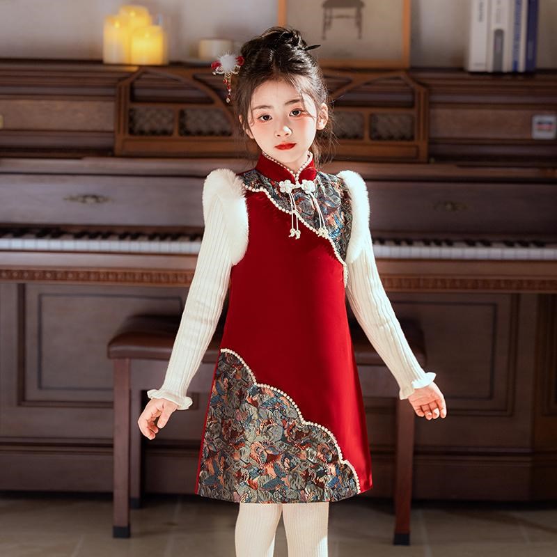 女童旗袍2024新款拜年服套装儿童装秋冬装汉服中国风冬季过年喜庆
