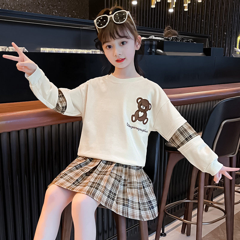 女童套装格子裙2023春秋装洋气百褶裙童装儿童女孩休闲卫衣两件套