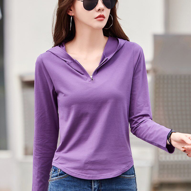 纯棉连帽长袖t恤女2025春秋款宽松短款洋气上衣打底帽衫薄款卫衣
