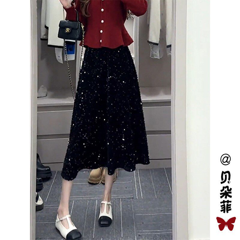 黑色亮片半身裙女秋冬中长款高腰a字大摆伞裙小个子赫本风鱼尾裙