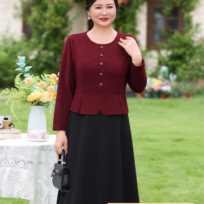 胖妈妈端庄大气连衣裙子洋气假两件拼接款收腰显瘦时尚气质a字裙