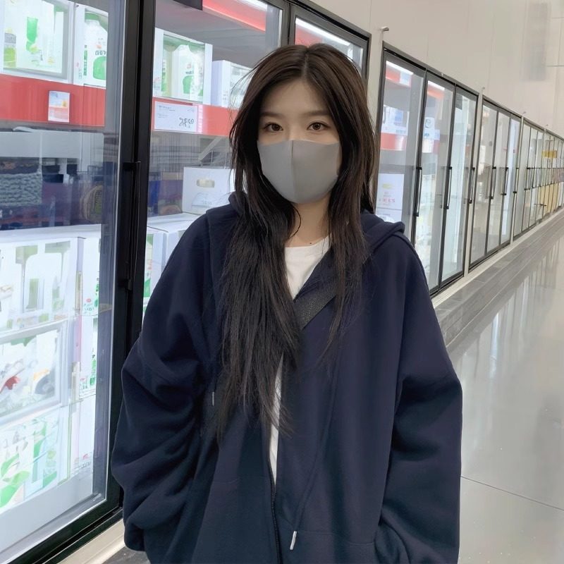 藏蓝色纯棉连帽卫衣女2024新款爆款春秋季小个子开衫外套拉链上衣