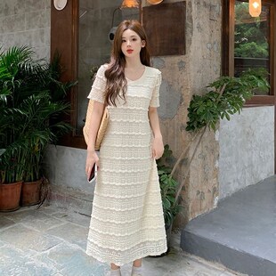 大码女装300斤法式U领蕾丝连衣裙夏季微胖mm显瘦遮肚高级感长裙子
