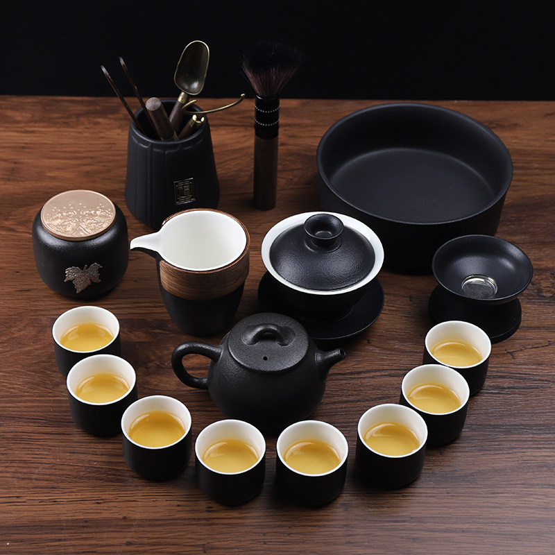 黑陶功夫茶具套装粗陶日式家用办公茶盘茶具黑禅风Y盖碗茶壶茶杯