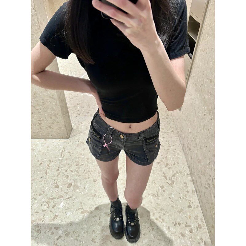 pop美式口袋工装牛仔短裤女夏季新款辣妹显瘦中低腰a字超短热裤潮