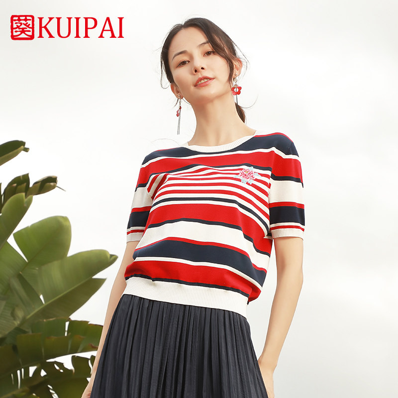 葵牌撞色条纹短袖t恤女士宽松薄款上衣妈妈夏装舒适打底针织毛衫