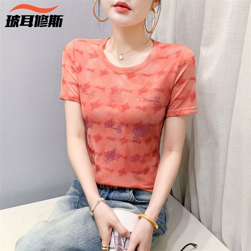 夏装2025年漂亮妈妈圆领网纱上衣女洋气印花弹力小衫显瘦短袖t恤