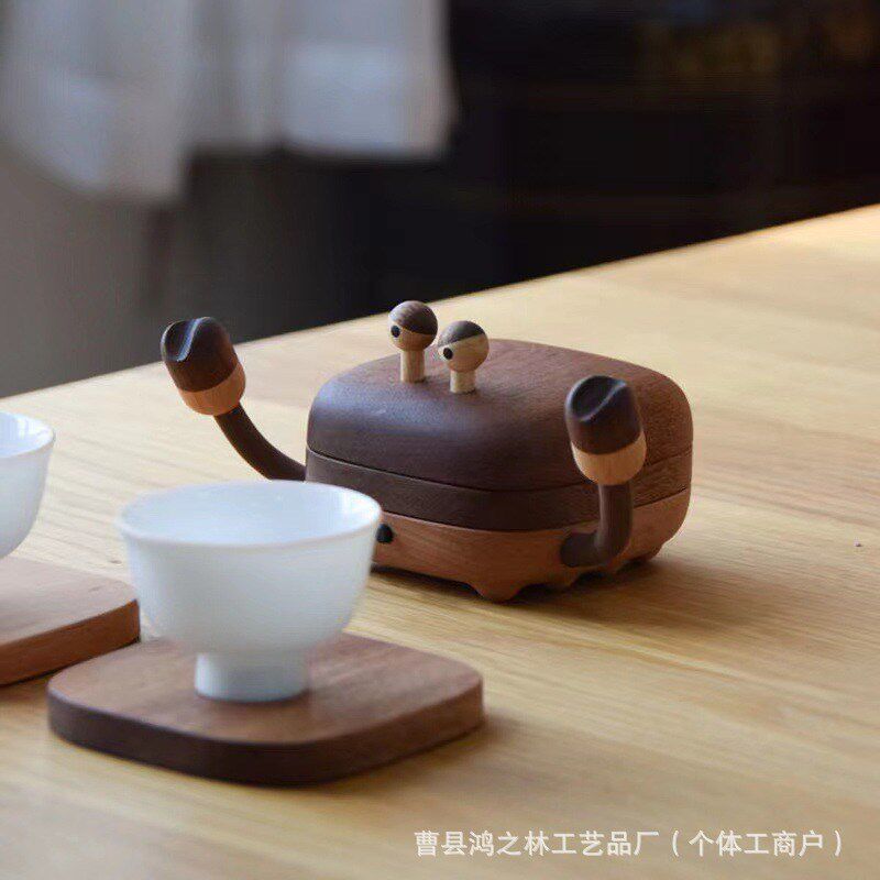 现货木制螃蟹杯垫桌面磁吸可爱防烫隔热垫工N夫茶杯垫木制茶具摆