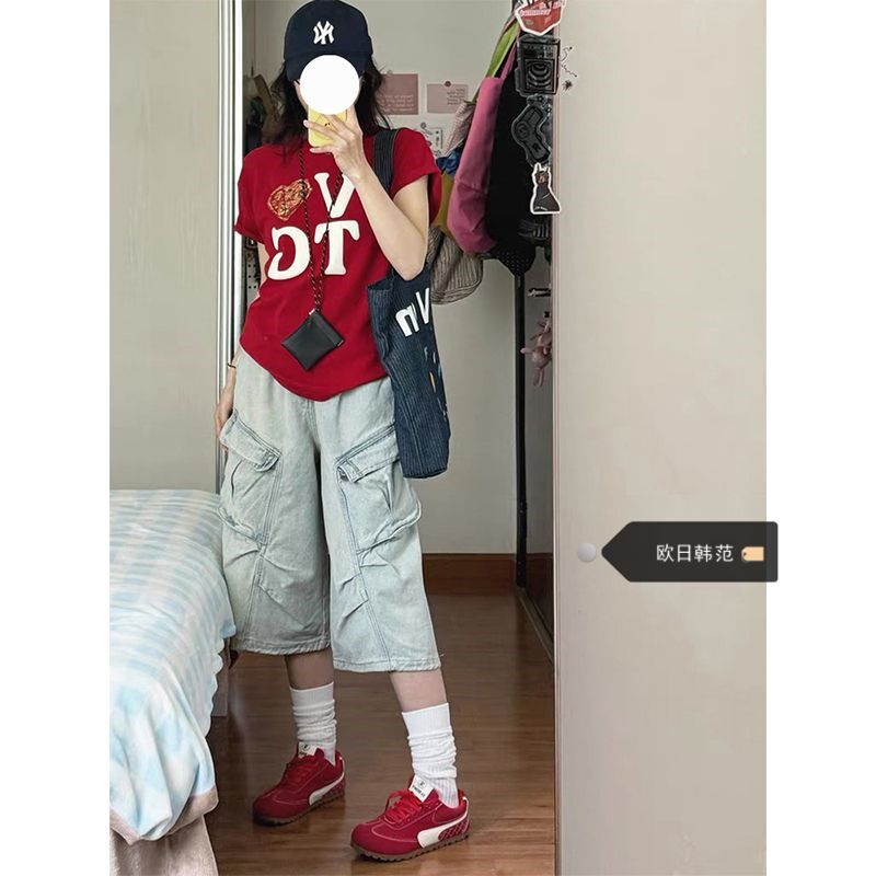 大码美式慵懒感小众阔腿牛仔短裤女2025夏季新款显瘦水洗七分裤潮