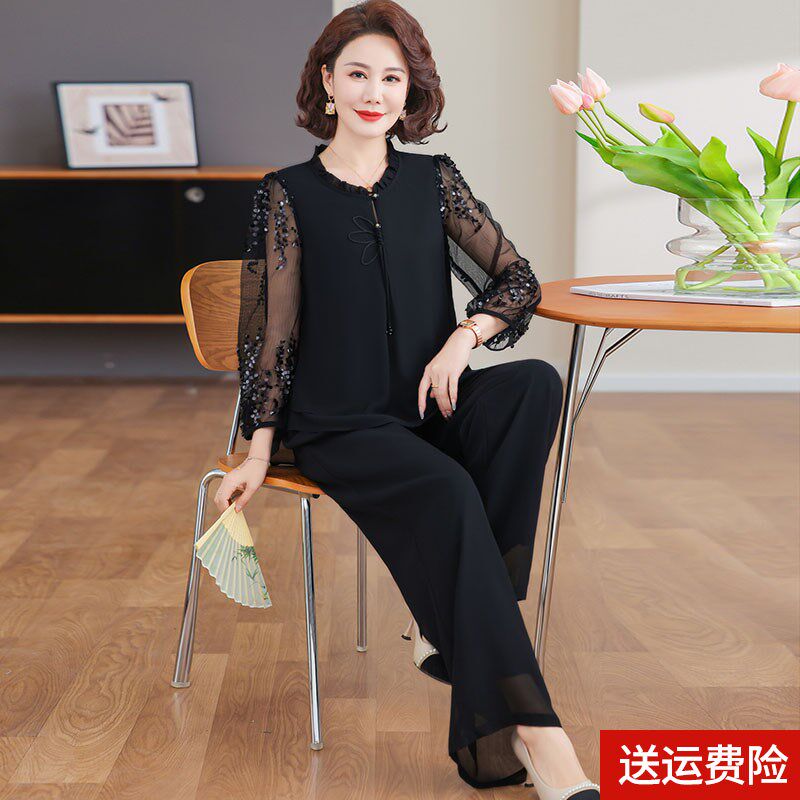 2025新款春夏妈妈装薄款时尚套装高端衬衣女装洋气减龄T恤两件套