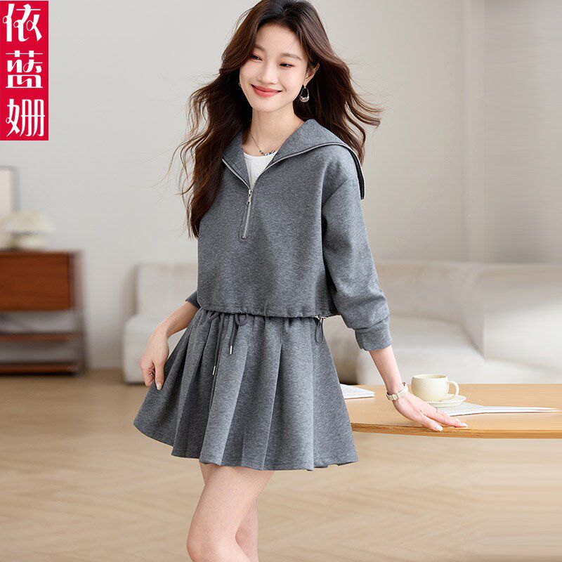 休闲运动套装裙女2025春秋新款小个子连帽卫衣背心百褶短裙三件套