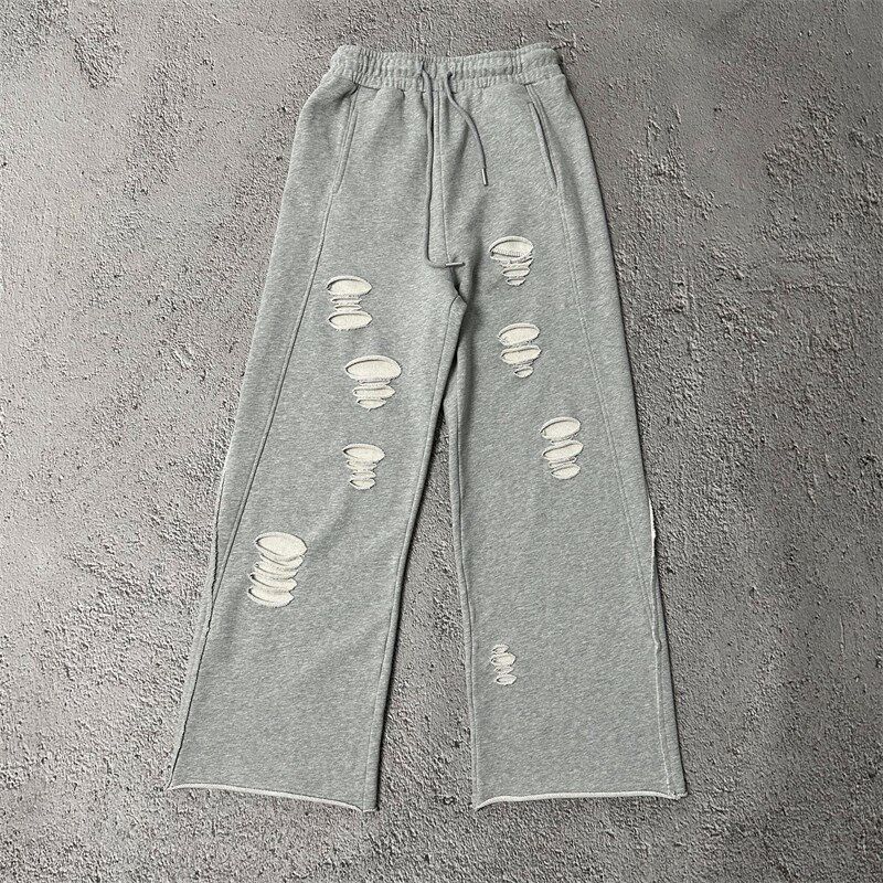 毛圈纯棉卫裤女破洞复古做旧春季薄款宽松直筒裤卷边休闲裤运动裤