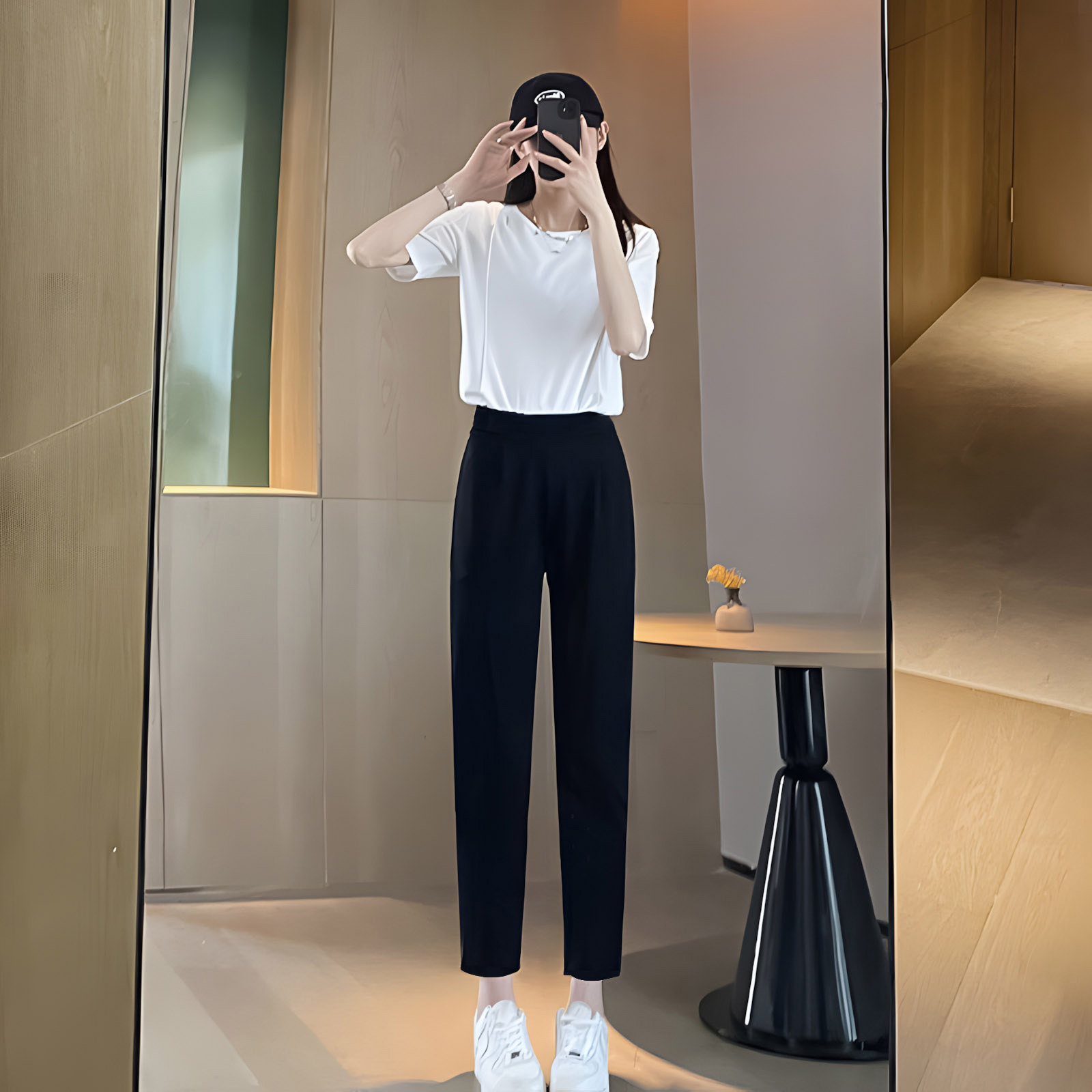 梨形身材微弹哈伦西裤女高腰小个子显瘦八分裤开叉黑色小脚休闲裤