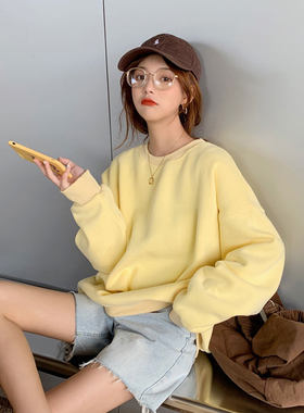 秋冬甜美多巴胺穿搭奶黄色加绒加厚黄色卫衣外套女鹅黄色上衣圆领
