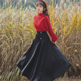 单 港风女复古红色半高领毛衣慵懒两件套秋冬配半身a字裙子 套装