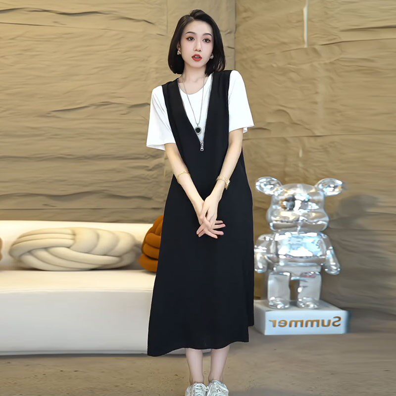 高级感背心裙套装女2025夏装新款宽松中长款短袖遮肚马甲裙两件套
