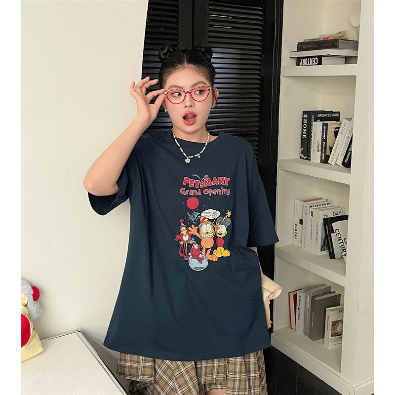 2025春装新款女装韩系卡通印花短袖t恤大码胖mm落肩宽松休闲上衣