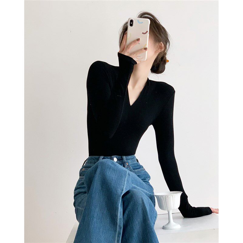 黑色内搭打底衫女2025新款修身v领正肩长袖t恤纯欲风高级感上衣冬