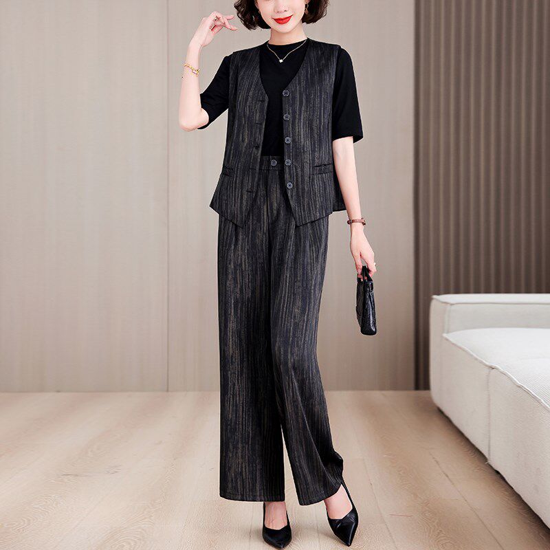 2025夏季新款时尚套装女修身减龄妈妈装薄款阔腿裤休闲两件套