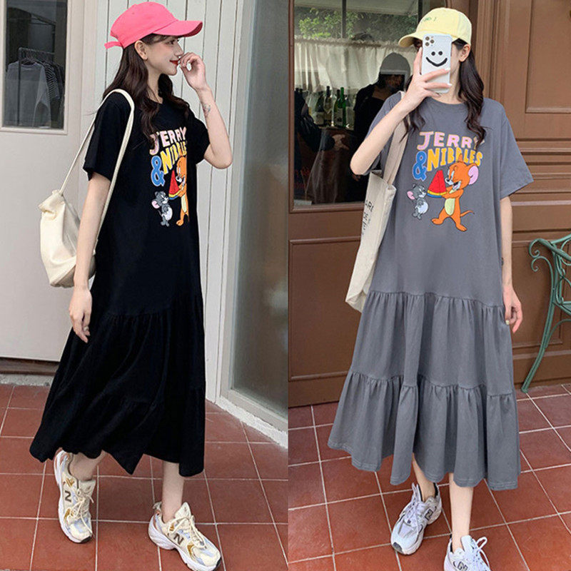 夏装新款大码孕妇装韩版宽松短袖纯棉T恤夏季时尚连衣裙过膝长裙