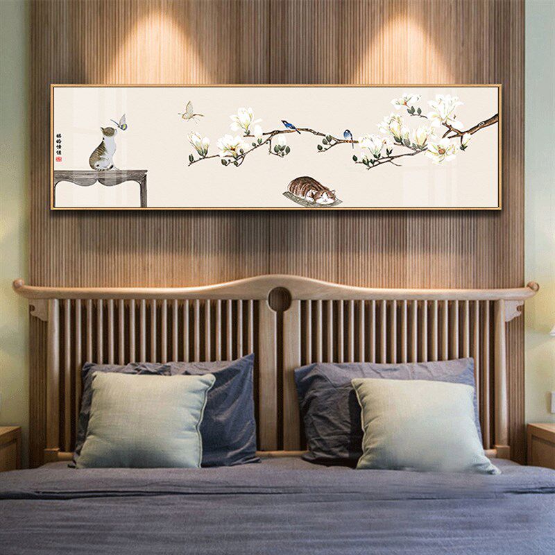猫的憧憬新中式客厅墙面装饰画中国风花鸟横O幅壁画卧室床头挂画