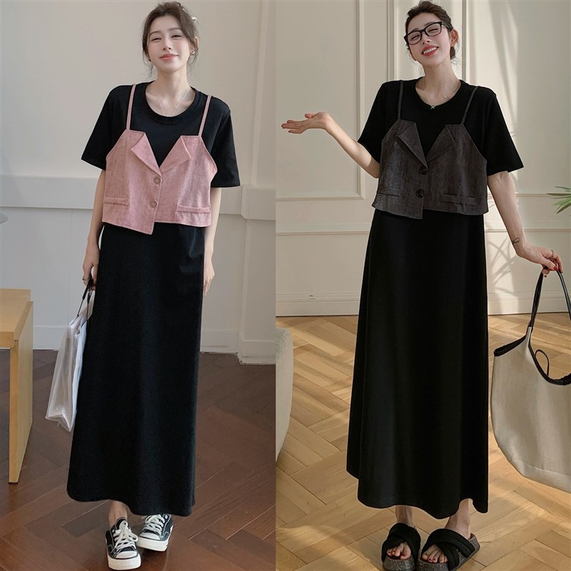 实拍现货 2025夏新款/宽松假两件显瘦连衣裙女雪纺大方独特长裙