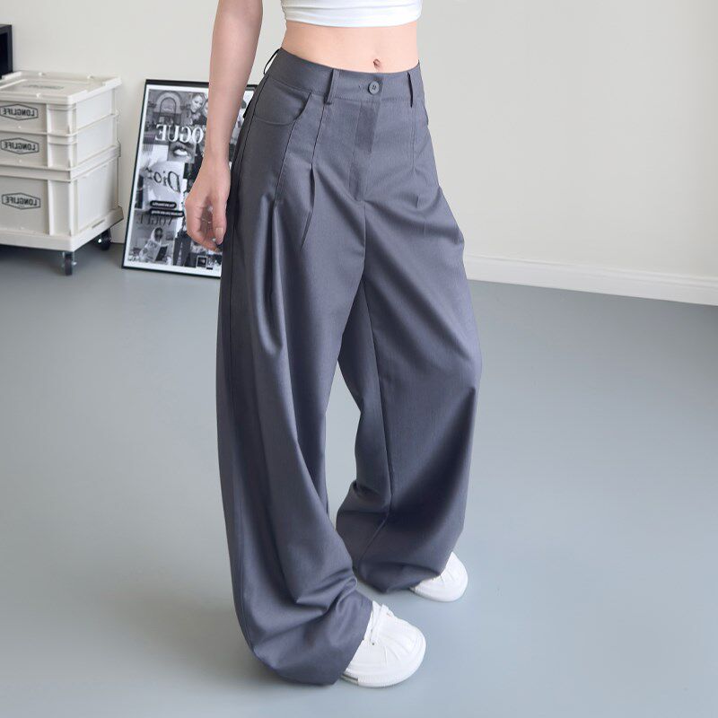 大码灰色西装裤女春季胖mm梨形身材宽松显瘦休闲裤高腰垂感阔腿裤