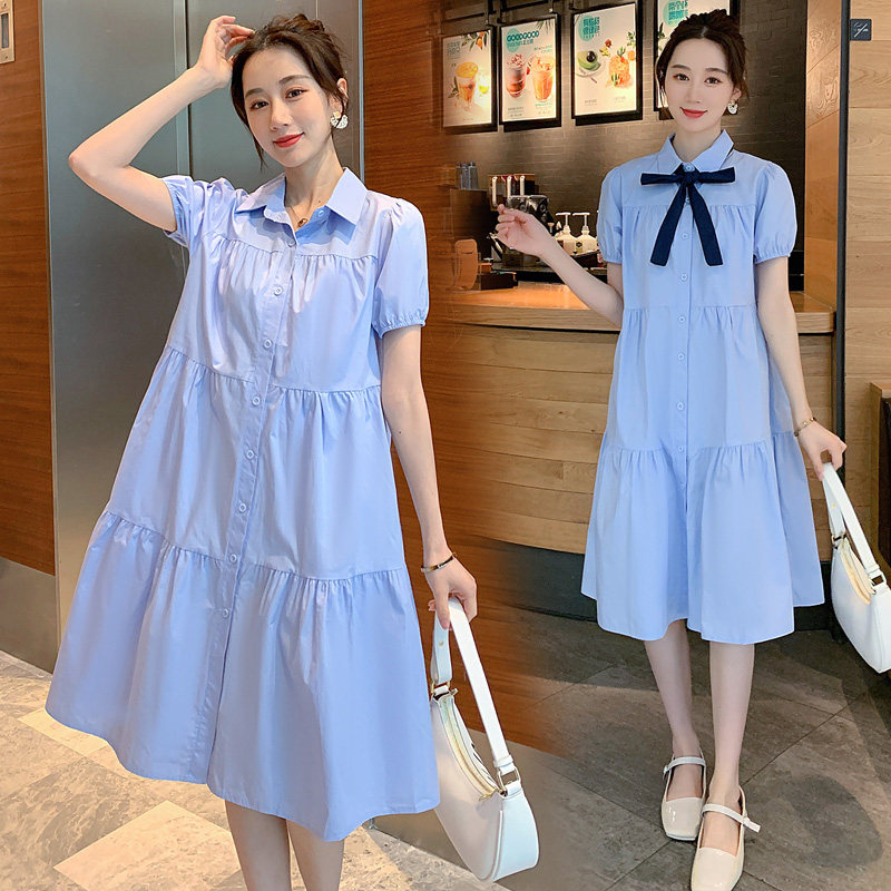孕妇装夏装韩版宽松可爱孕妇裙夏季中长版时尚大尺码过膝衬衫式洋