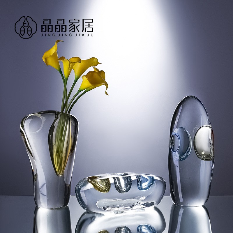 现代简约套色扎泡工艺高档水v晶玻璃摆件办公室样板房软装饰品花