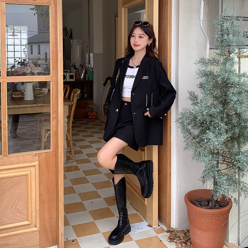 珊珊春秋新款黑色西装外套女士韩版休闲宽松拉链高级气质西服上衣