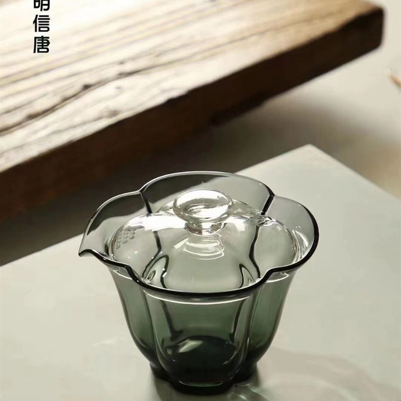 百财盖碗高硼硅玻璃耐热高透y高货白色透黑色日式套杯品茗杯套组
