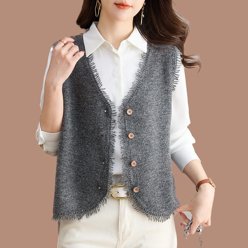 100纯羊毛流苏针织开衫v领马甲背心女2025春秋新款马夹毛衣坎肩潮