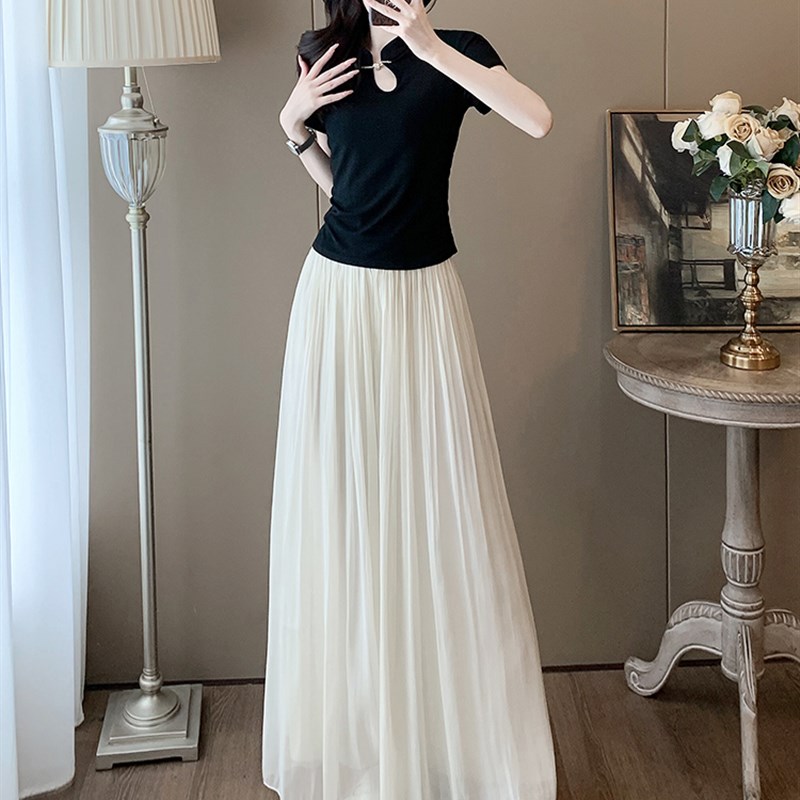 新中式时尚套装女夏季洋气减龄盘扣上衣高腰冰丝裙裤阔腿裤两件套