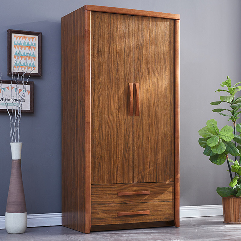 新中式两门衣柜双门三门简约卧室2儿童实木0.9米1.4乌金木色胡桃