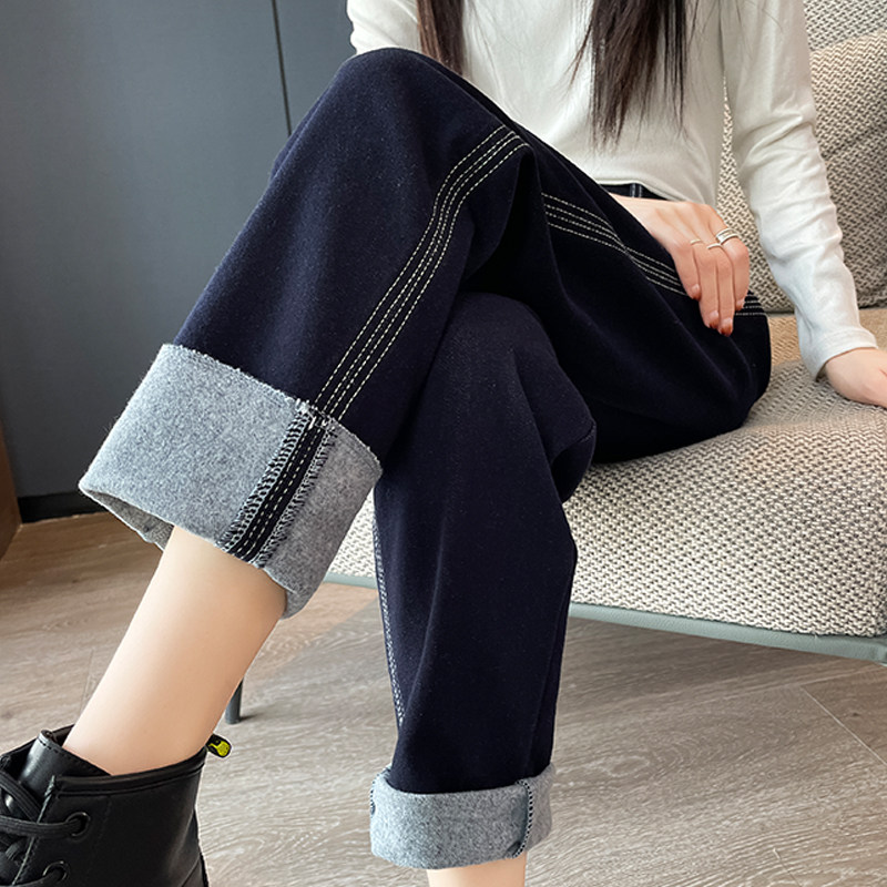 加绒明线牛仔裤女哈伦2024年秋冬新款高腰直筒宽松显瘦百搭老爹裤