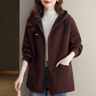 秋冬女士连帽毛呢短外套2023新款宽松小个子拉链毛衣开衫加厚上衣