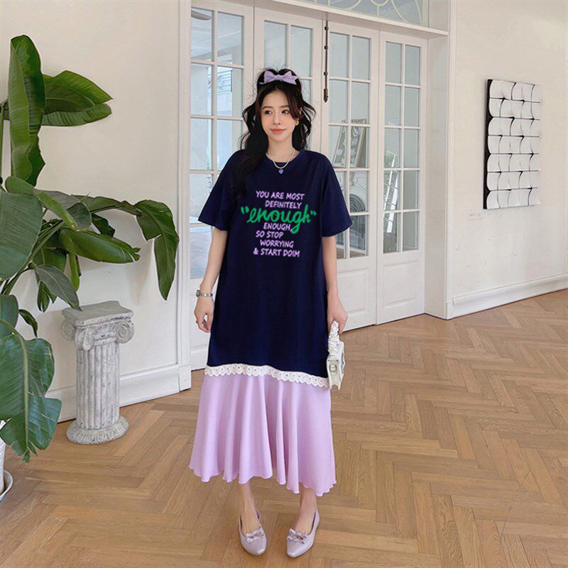 大码慵懒t恤裙中长款夏季胖mm韩版宽松连衣裙胖妈妈裙子加肥加大