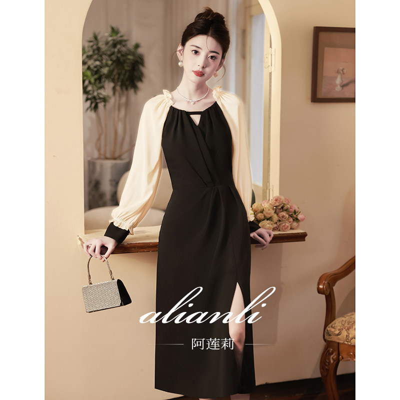 晚礼服宴会气质轻奢小众高端高级感小个子订婚长袖黑色连衣裙秋冬
