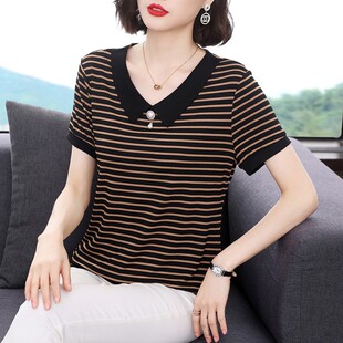 条纹短袖t恤女宽松2021夏装新款纯棉洋气休闲小衫中老年妈妈上衣