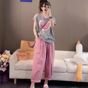 纯棉心形拼色短袖t恤上衣套装女2023新款夏高腰休闲长裤子两件套