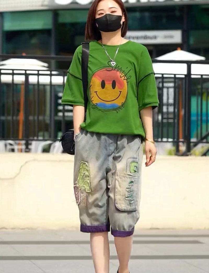 两件套装女2024年夏季新款笑脸印花短袖T恤+水洗薄款牛仔五分裤