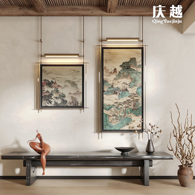 新中式墙面金属吊杆挂画带灯酒店会所样板间玄关中古风创意装饰画图片